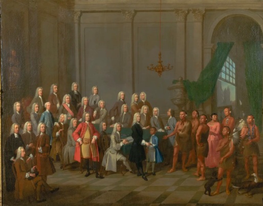 James Oglethorpe presents Tomo-chi-chi and other Yamacraws (Creek) to the Georgia Trustees, 1734 (William Verelst) (1704–1752) Winterthur Museum, DE, 1956.0567 A 